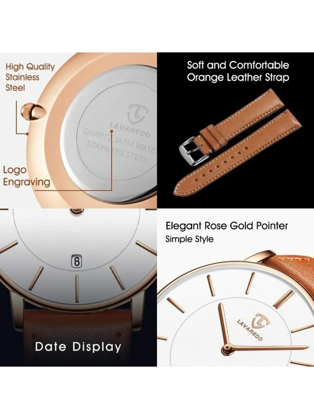 Men's Orange White Leather Strap Analog Minimalist Fashion Simple Wrist Watch
